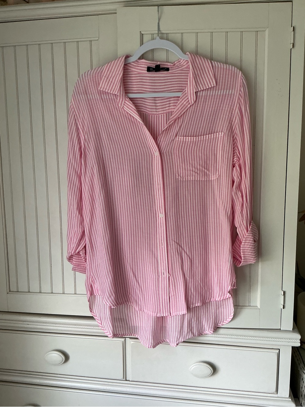 NWT Pink & White Striped Long Sleeve Tunic Length Blouse Shirt ❤️